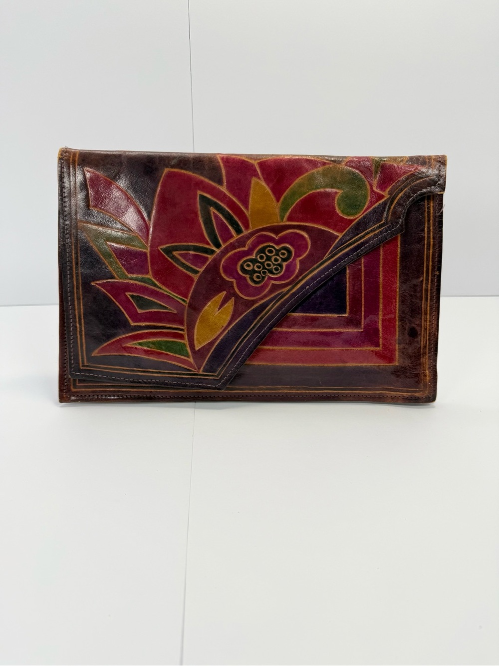 Vintage 70s Hand Tooled Leather Envelope Clutch Bag Bohemian Hand Painted India